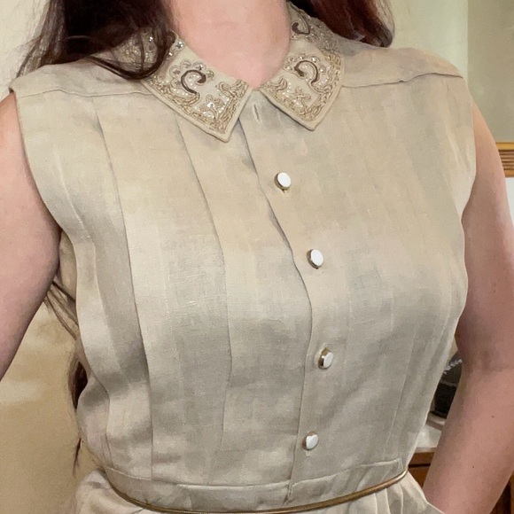 Vintage 1940’s 50s rhinestone beads linen dress pleats buttons Medium M 28”w VLV - Picture 2 of 12